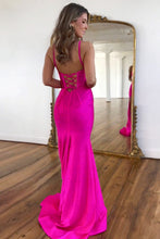 Load image into Gallery viewer, Fuchsia Beaded Mermaid Spaghetti Straps Lace Up Prom Dress With Slit