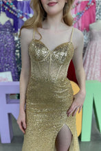 Load image into Gallery viewer, Sparkly Gold Mermaid Spaghetti Straps Long Prom Dress With Split