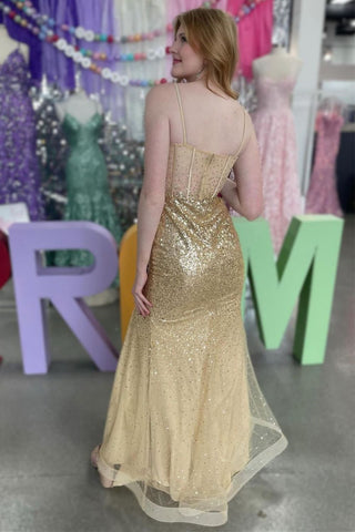 Sparkly Gold Mermaid Spaghetti Straps Long Prom Dress With Split