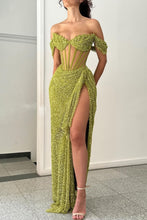 Load image into Gallery viewer, Sparkly Green Mermaid Off The Shoulder Long Formal Dress with High Slit