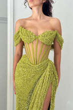 Load image into Gallery viewer, Sparkly Green Mermaid Off The Shoulder Long Formal Dress with High Slit