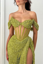 Load image into Gallery viewer, Sparkly Green Mermaid Off The Shoulder Long Formal Dress with High Slit