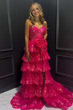 Load image into Gallery viewer, Sparkly Pink A-Line Sweetheart Long Tiered Sequin Prom Dress with Slit