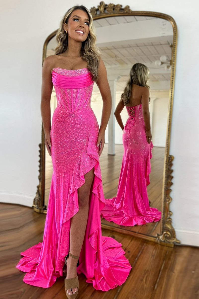 Glitter Hot Pink Sequin Strapless Mermaid Evening Dress Long Prom Dress With Gloves Y8536 main image 1