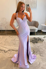 Load image into Gallery viewer, Shine Mermaid Halter Neck Lilac Corset Prom Dress with Beading
