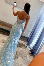 Load image into Gallery viewer, Sequin Light Blue Mermaid Spaghetti Straps Sweep Train Prom Dress