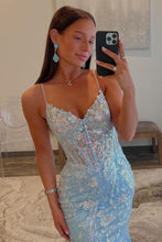 Load image into Gallery viewer, Sequin Light Blue Mermaid Spaghetti Straps Sweep Train Prom Dress