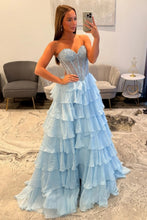 Load image into Gallery viewer, Princess A Line Sweetheart Light Blue Corset Prom Dress with Beading Ruffles