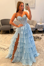 Load image into Gallery viewer, Princess A Line Sweetheart Light Blue Corset Prom Dress with Beading Ruffles