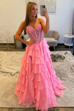 Load image into Gallery viewer, Princess A Line Sweetheart Light Blue Corset Prom Dress with Beading Ruffles