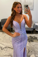 Load image into Gallery viewer, Luxurious Mermaid Spaghetti Straps Lilac Long Prom Dress with Beading Slit