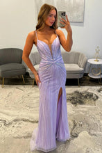 Load image into Gallery viewer, Luxurious Mermaid Spaghetti Straps Lilac Long Prom Dress with Beading Slit