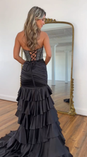 Load image into Gallery viewer, Sparkly Mermaid Halter Neck Black Corset Prom Dress with Beading Ruffles