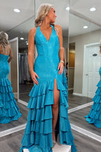 Load image into Gallery viewer, Sparkly Mermaid Halter Neck Blue Long Prom Dress with Beading Ruffles
