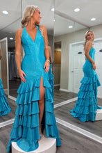 Load image into Gallery viewer, Sparkly Mermaid Halter Neck Blue Long Prom Dress with Beading Ruffles