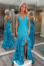 Load image into Gallery viewer, Sparkly Mermaid Halter Neck Blue Long Prom Dress with Beading Ruffles