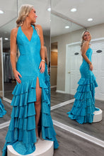 Load image into Gallery viewer, Sparkly Mermaid Halter Neck Blue Long Prom Dress with Beading Ruffles