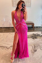 Load image into Gallery viewer, Sparkly Mermaid Halter Neck Fuchsia Long Prom Dress with Beading