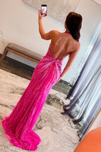 Load image into Gallery viewer, Sparkly Mermaid Halter Neck Fuchsia Long Prom Dress with Beading