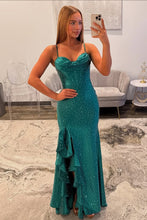 Load image into Gallery viewer, Sparkly Mermaid Spaghetti Straps Dark Green Long Prom Dress with Beading