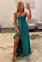 Load image into Gallery viewer, Sparkly Mermaid Spaghetti Straps Dark Green Long Prom Dress with Beading