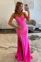 Load image into Gallery viewer, Luxurious Mermaid Strapless Hot Pink Corset Prom Dress with Beading