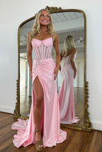 Load image into Gallery viewer, Sparkly Mermaid Strapless Pink Corset Prom Dress with Beading Split Front