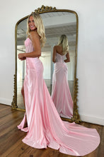 Load image into Gallery viewer, Sparkly Mermaid Strapless Pink Corset Prom Dress with Beading Split Front