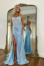 Load image into Gallery viewer, Sparkly Mermaid Strapless Pink Corset Prom Dress with Beading Split Front