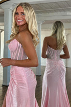 Load image into Gallery viewer, Sparkly Mermaid Strapless Pink Corset Prom Dress with Beading Split Front