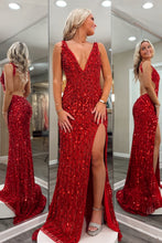 Load image into Gallery viewer, Sparkly Mermaid V Neck Red Sequins Long Prom Dress with Split Front