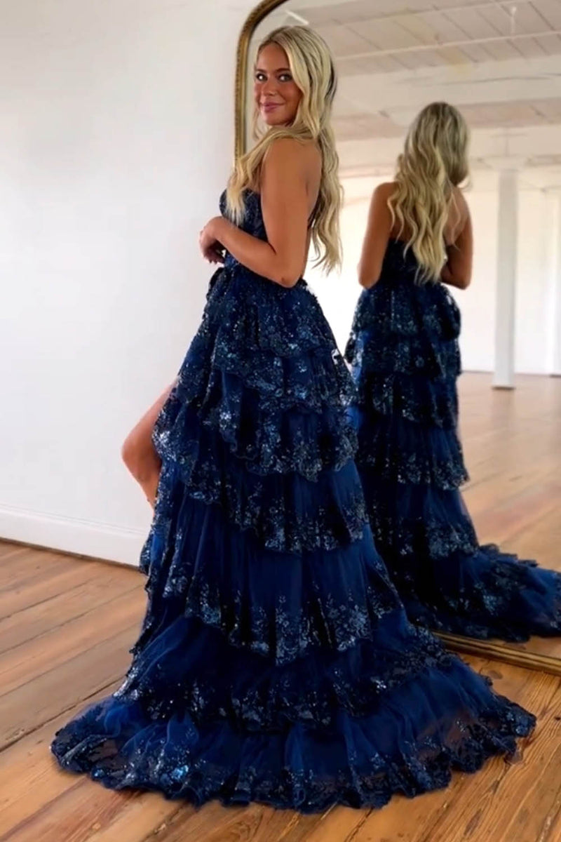 Luuvis Sparkly Navy One Shoulder A-Line Sweep Train Tiered Prom Dress
