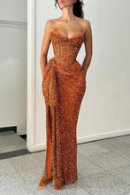 Load image into Gallery viewer, Sparkly Orange Mermaid Strapless Lace Up Long Sequin Party Dress with Slit