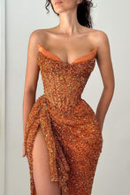 Load image into Gallery viewer, Sparkly Orange Mermaid Strapless Lace Up Long Sequin Party Dress with Slit