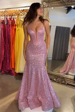 Load image into Gallery viewer, Sparkly Pink Mermaid Spaghetti Straps Long Beaded Prom Dress