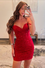 Load image into Gallery viewer, Sparkly Red Bodycon Off The Shoulder Lace Up Short Homecoming Dress