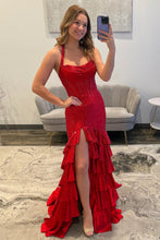 Load image into Gallery viewer, Sparkly Mermaid Halter Neck Red Corset Prom Dress with Beading Ruffles