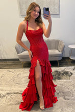 Load image into Gallery viewer, Sparkly Mermaid Halter Neck Red Corset Prom Dress with Beading Ruffles