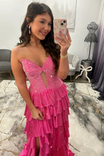 Load image into Gallery viewer, Sparkly A Line Sweetheart Black Long Prom Dress with Beading Ruffles