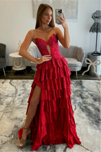 Load image into Gallery viewer, Sparkly A Line Sweetheart Black Long Prom Dress with Beading Ruffles