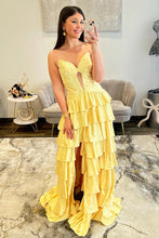 Load image into Gallery viewer, Sparkly A Line Sweetheart Black Long Prom Dress with Beading Ruffles