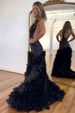 Load image into Gallery viewer, Sequin Black Mermaid V-Neck Long Prom Dress With Slit And Ruffles