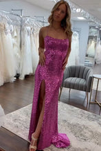 Load image into Gallery viewer, Sparkly Sequin Mermaid Spaghetti Straps Long Prom Dress With Split