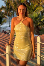 Load image into Gallery viewer, Sparkly Sheath Halter Neck Yellow Sequins Short Homecoming Dress