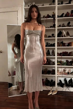 Load image into Gallery viewer, Stylish Sheath Spaghetti Straps Silver Sequins Tea Length Party Dress