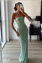 Load image into Gallery viewer, Sparkly Sheath Strapless Green Long Prom Dress with Beading