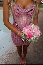 Load image into Gallery viewer, Sparkly Sheath Sweetheart Pink Short Homecoming Dress with Beading