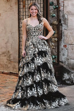 Load image into Gallery viewer, Sparkly A-Line Back Gold Spaghetti Straps Long Tulle Prom Dress with Appliques