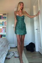 Load image into Gallery viewer, Sparkly A Line Spaghetti Straps Dark Green Short Homecoming Dress with Beading