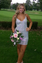 Load image into Gallery viewer, Sparkly A Line Spaghetti Straps Silver Short Homecoming Dress with Beading
